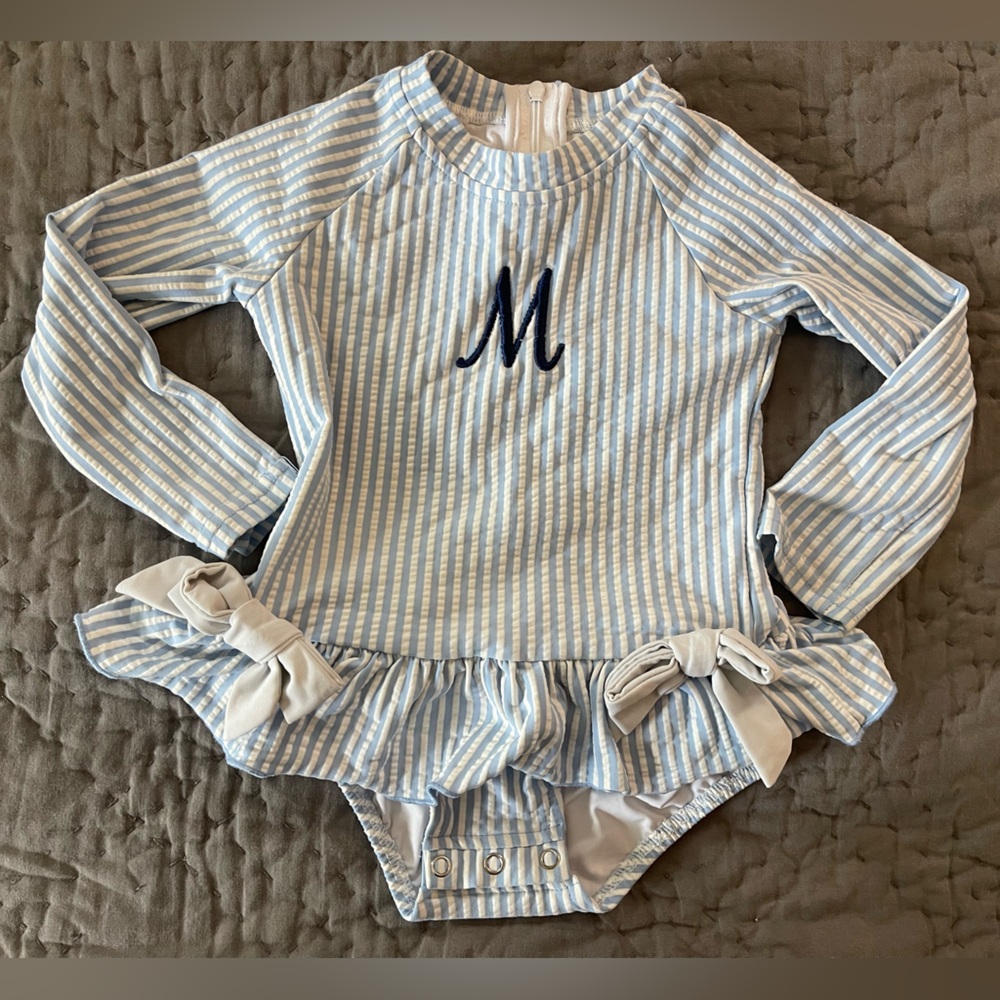 Classic Whimsy M Blue White Stripe One-Piece Swimsuit Skirted 18-24m Long Sleeve